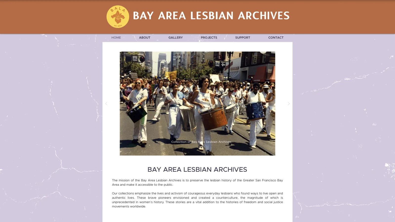 Bay Area Lesbian Archives website homepage with parade photo from the archive collection
