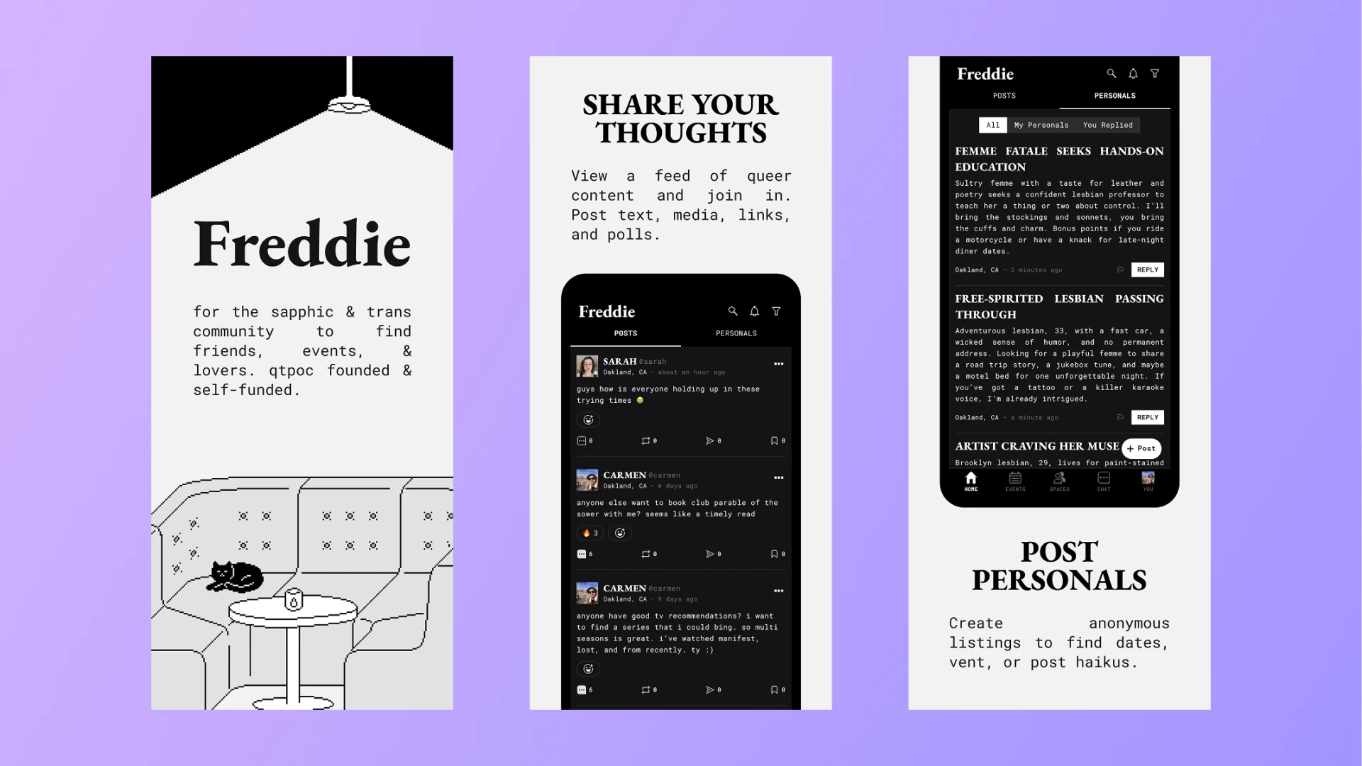 Freddie app screens — Freddie landing page and social feed with posts and personals