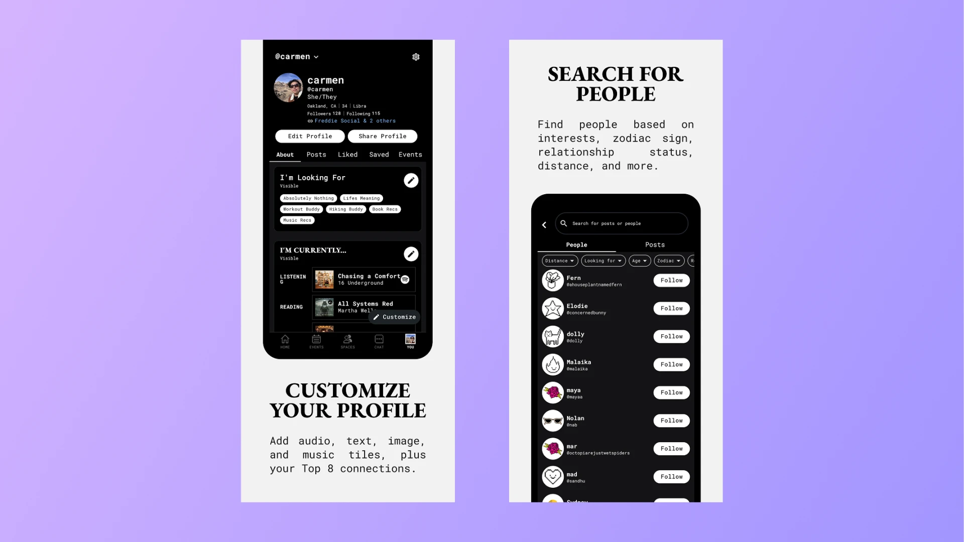 Freddie events, spaces, and encrypted chat screens