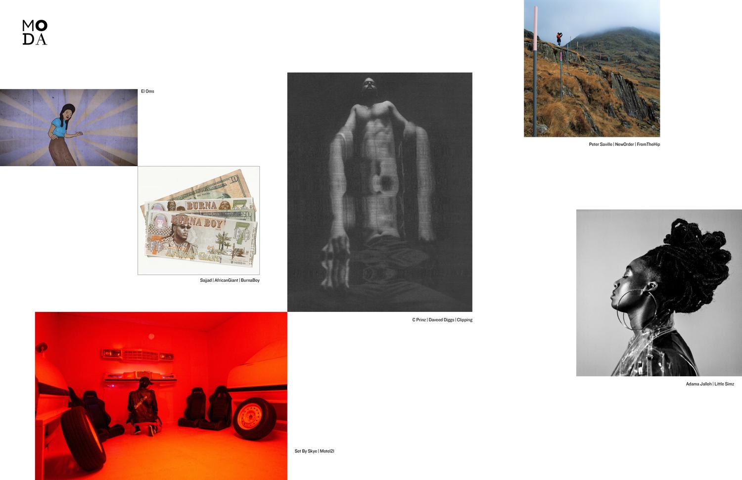 MODA magazine spread featuring El Oms, Burna Boy, Clipping, and Peter Saville
