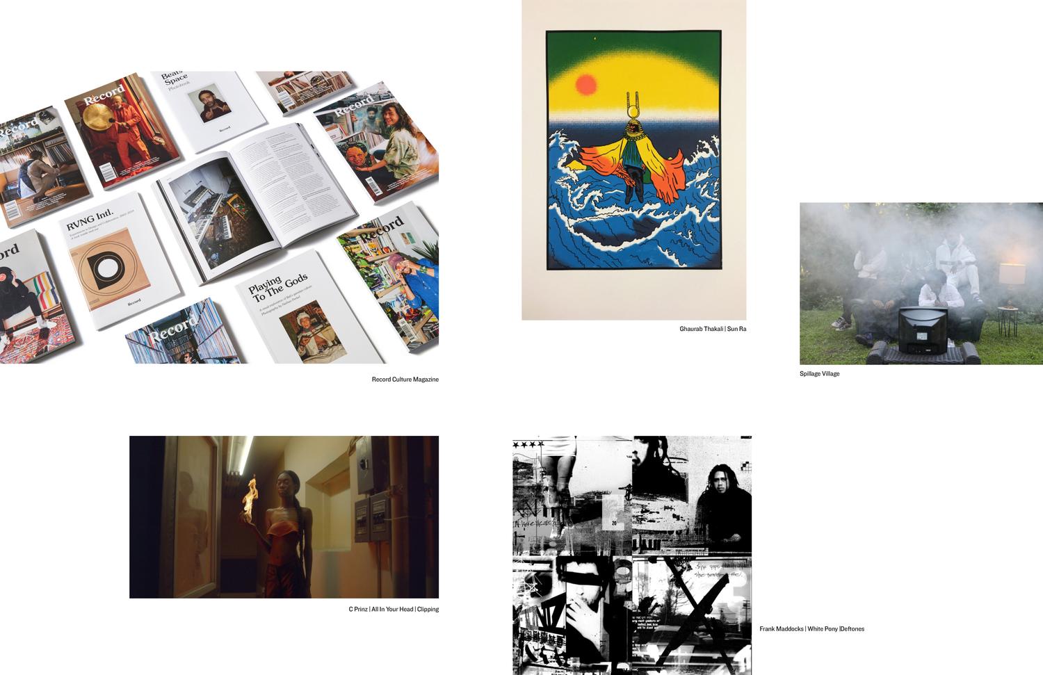 MODA magazine spread featuring Record Culture Magazine, Sun Ra, Spillage Village, and Deftones